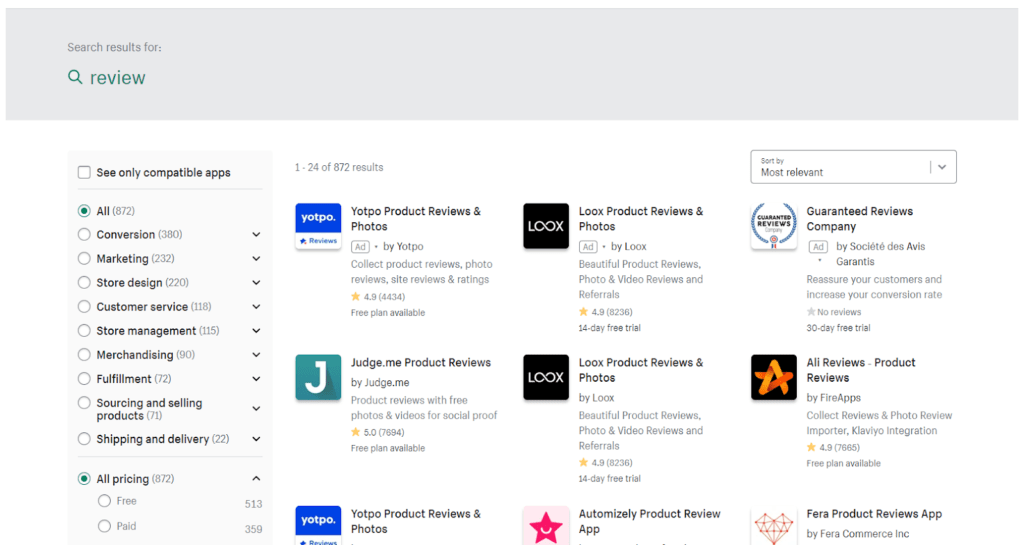 Shopify app store showing review apps you can add to your Shopify store