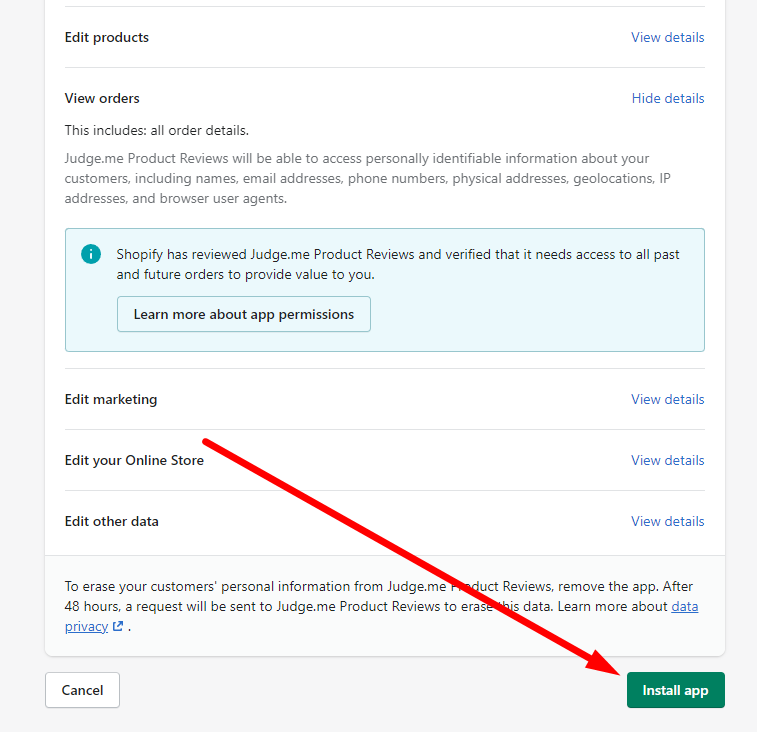 Install app button to add Shopify reviews