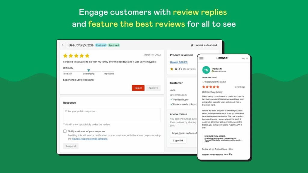 Engage with customers with review replies and feature the best reviews for all to see