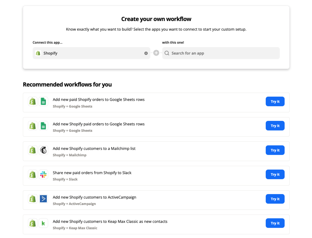Some of the Shopify automation Zapier offers