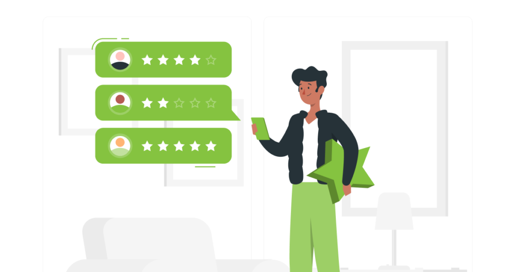 Best local SEO services 7 An illustration that shows a person holding a big star and seeing people's ratings on a phone